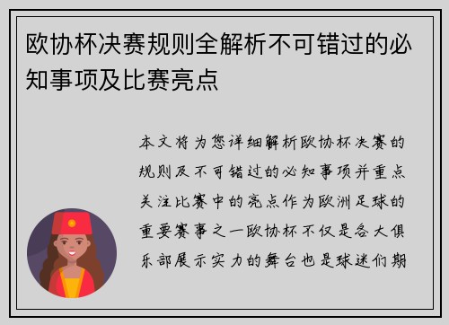 欧协杯决赛规则全解析不可错过的必知事项及比赛亮点