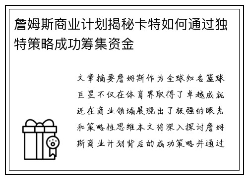 詹姆斯商业计划揭秘卡特如何通过独特策略成功筹集资金