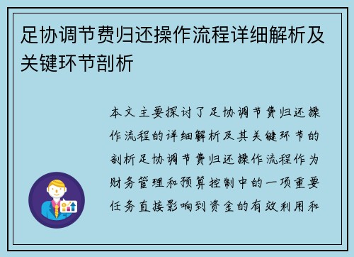 足协调节费归还操作流程详细解析及关键环节剖析